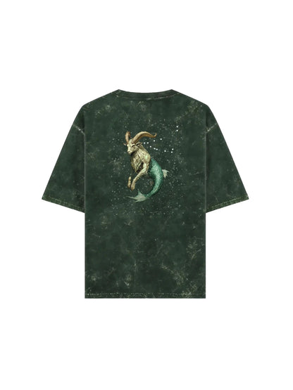Arya Bottle Green Oversized Zodiac Capricorn Print Half Sleeve Cotton T-Shirt