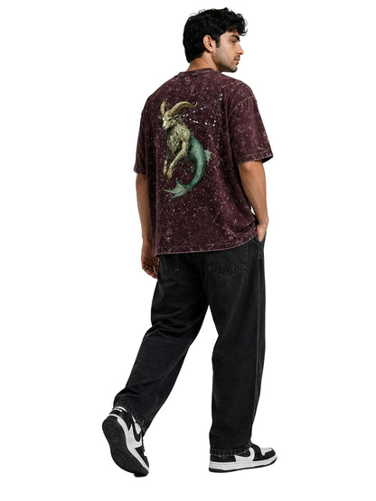Arya Maroon Oversized Zodiac Capricorn Print Half Sleeve Cotton T-Shirt
