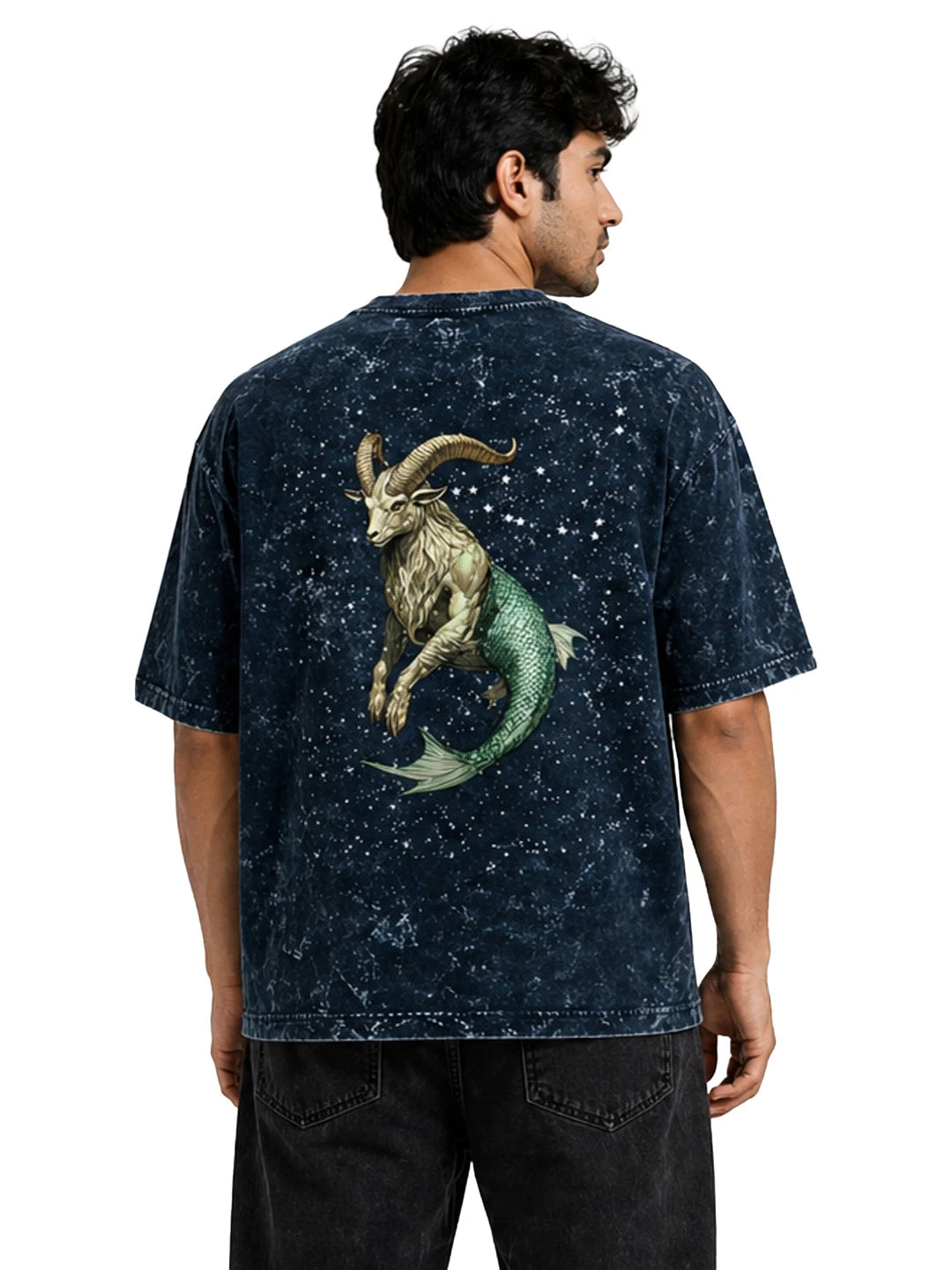 Arya Navy Blue Oversized Zodiac Capricorn Print Half Sleeve Cotton T-Shirt