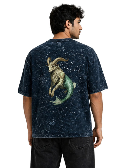 Arya Navy Blue Oversized Zodiac Capricorn Print Half Sleeve Cotton T-Shirt