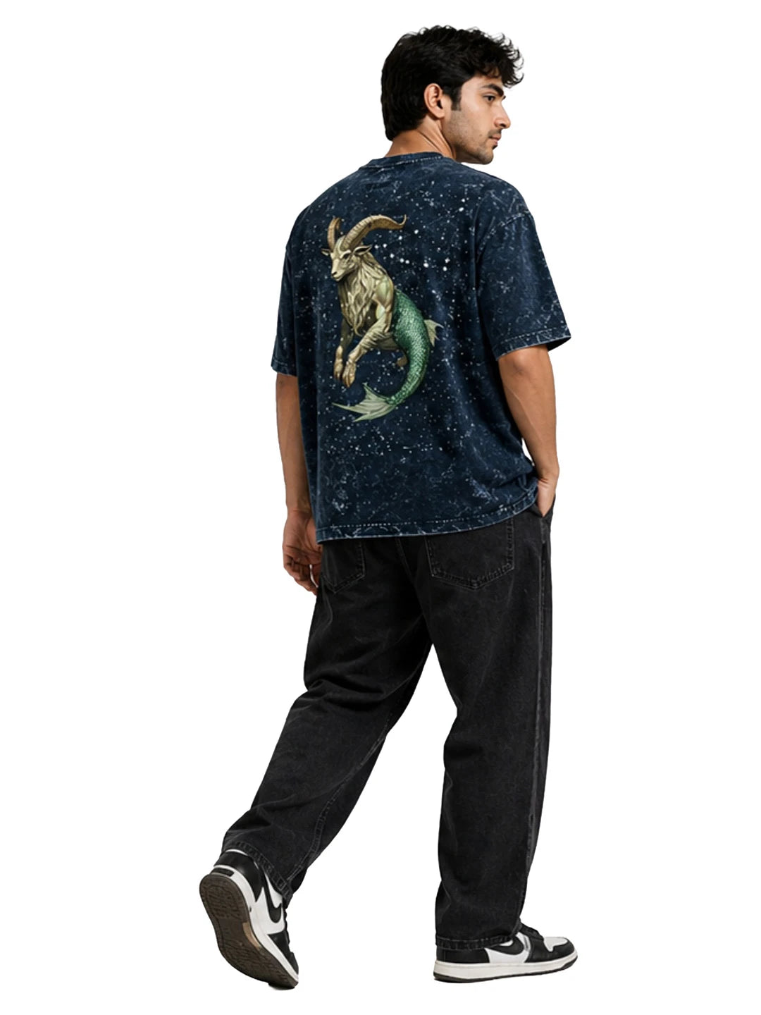 Arya Navy Blue Oversized Zodiac Capricorn Print Half Sleeve Cotton T-Shirt