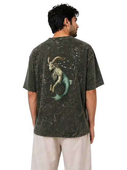 Arya Olive Green Oversized Zodiac Capricorn Print Half Sleeve Cotton T-Shirt