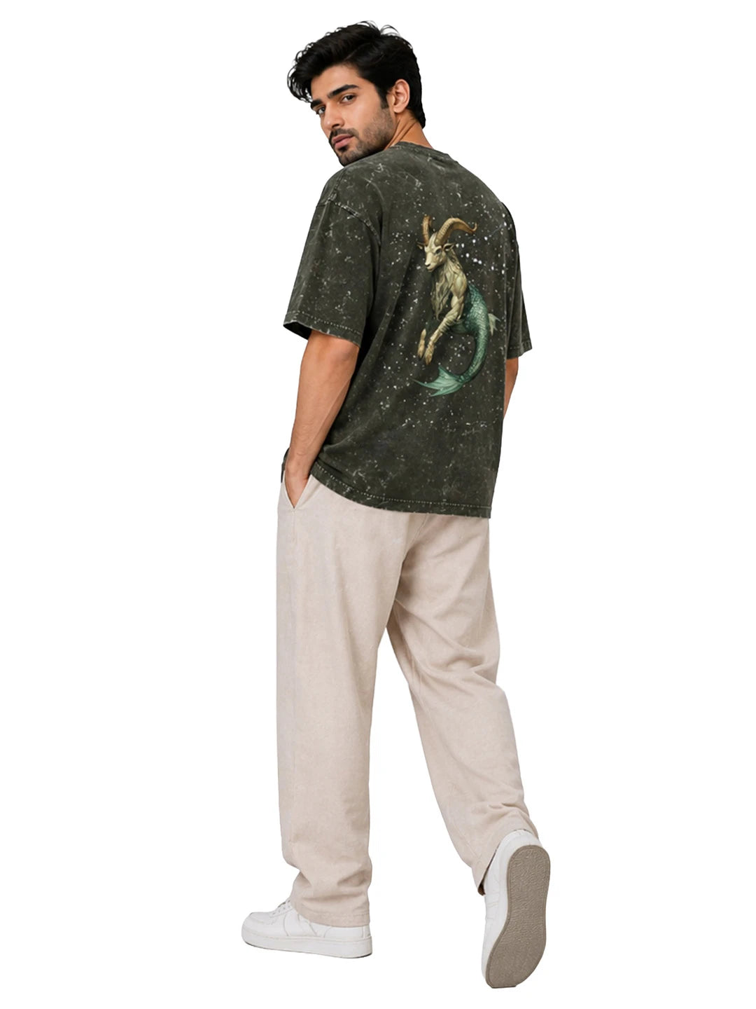 Arya Olive Green Oversized Zodiac Capricorn Print Half Sleeve Cotton T-Shirt