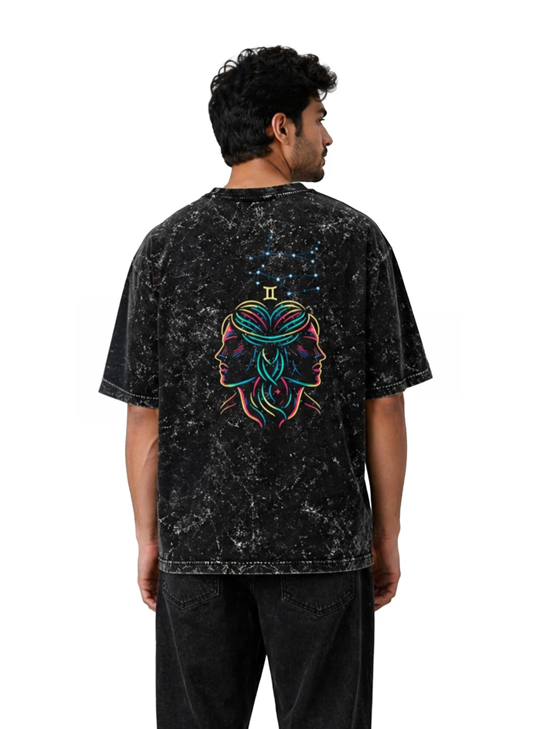 Arya Black Oversized Zodiac Gemini Print Half Sleeve Cotton T-Shirt