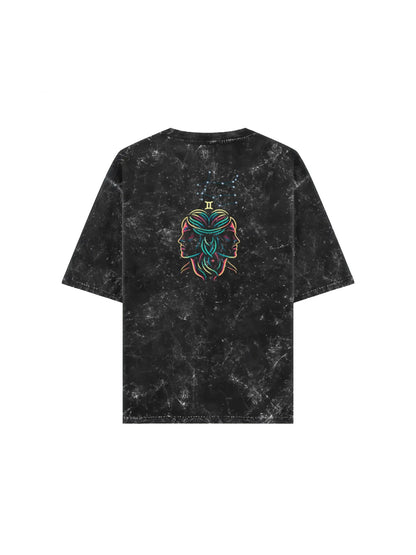 Arya Black Oversized Zodiac Gemini Print Half Sleeve Cotton T-Shirt
