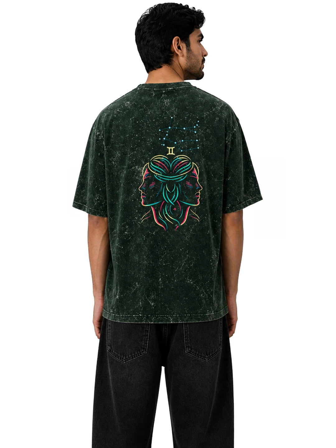 Arya Bottle Green Oversized Zodiac Gemini Print Half Sleeve Cotton T-Shirt