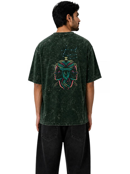 Arya Bottle Green Oversized Zodiac Gemini Print Half Sleeve Cotton T-Shirt