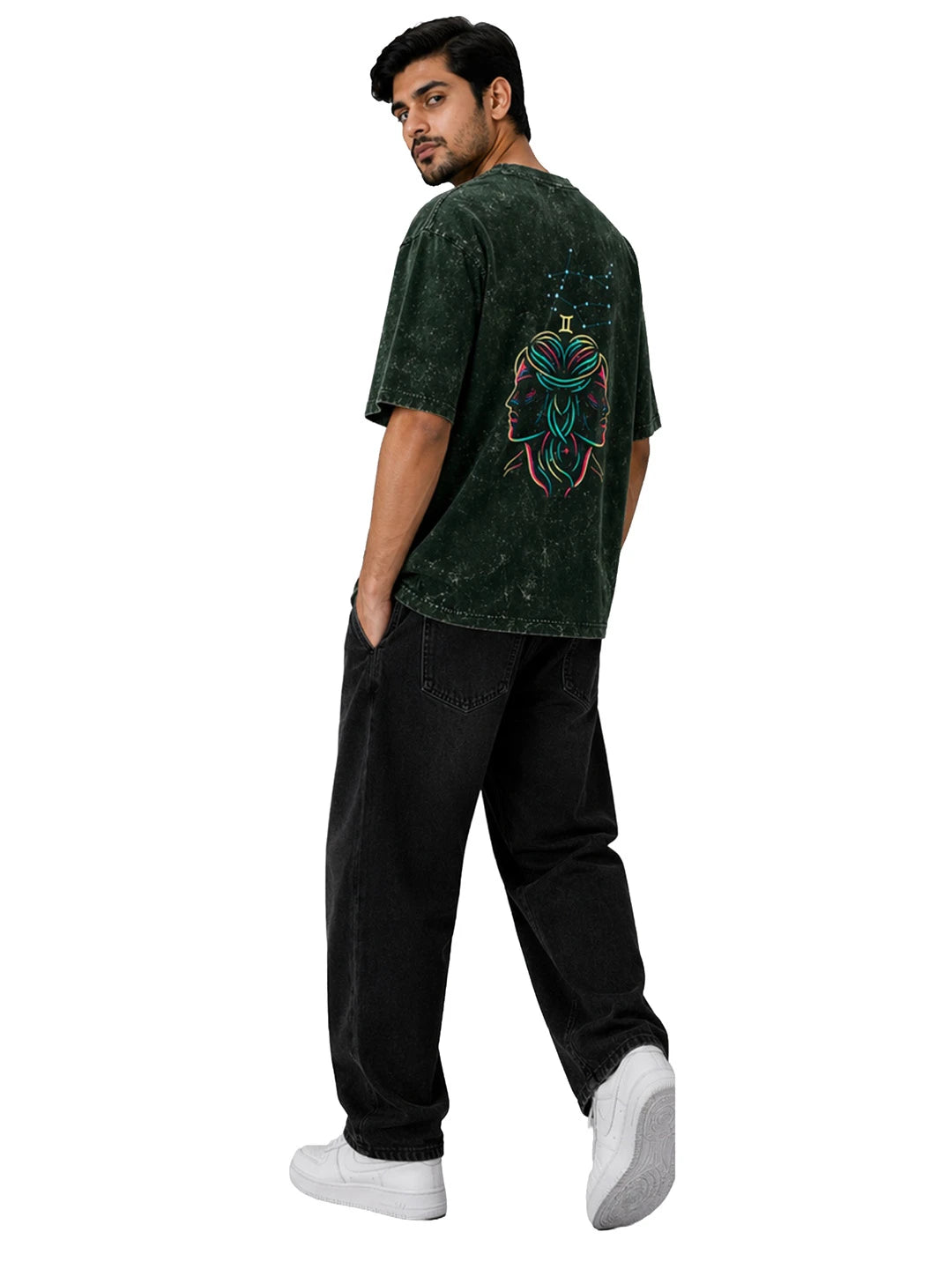 Arya Bottle Green Oversized Zodiac Gemini Print Half Sleeve Cotton T-Shirt