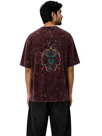 Arya Maroon Oversized Zodiac Gemini Print Half Sleeve Cotton T-Shirt