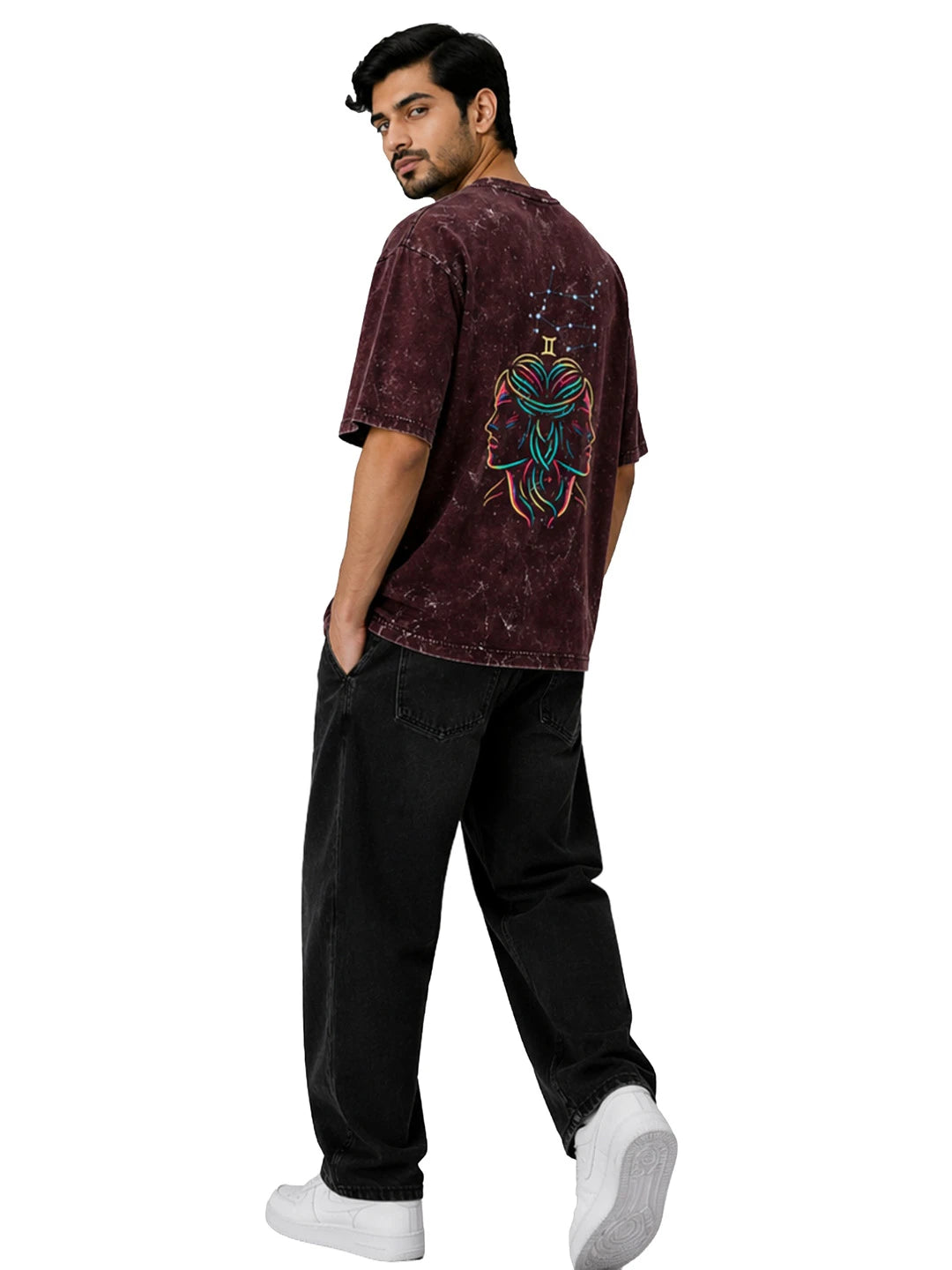 Arya Maroon Oversized Zodiac Gemini Print Half Sleeve Cotton T-Shirt