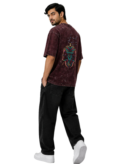 Arya Maroon Oversized Zodiac Gemini Print Half Sleeve Cotton T-Shirt