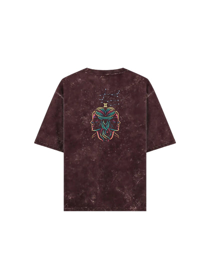 Arya Maroon Oversized Zodiac Gemini Print Half Sleeve Cotton T-Shirt