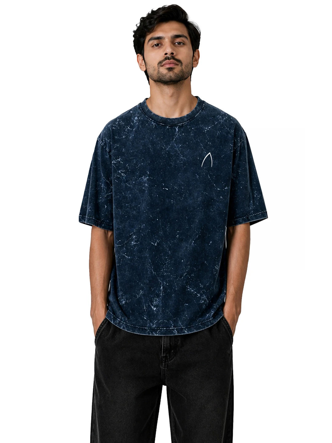 Arya Navy Blue Oversized Zodiac Gemini Print Half Sleeve Cotton T-Shirt