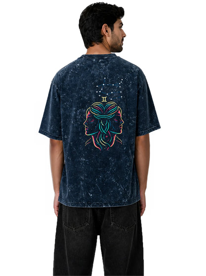 Arya Navy Blue Oversized Zodiac Gemini Print Half Sleeve Cotton T-Shirt