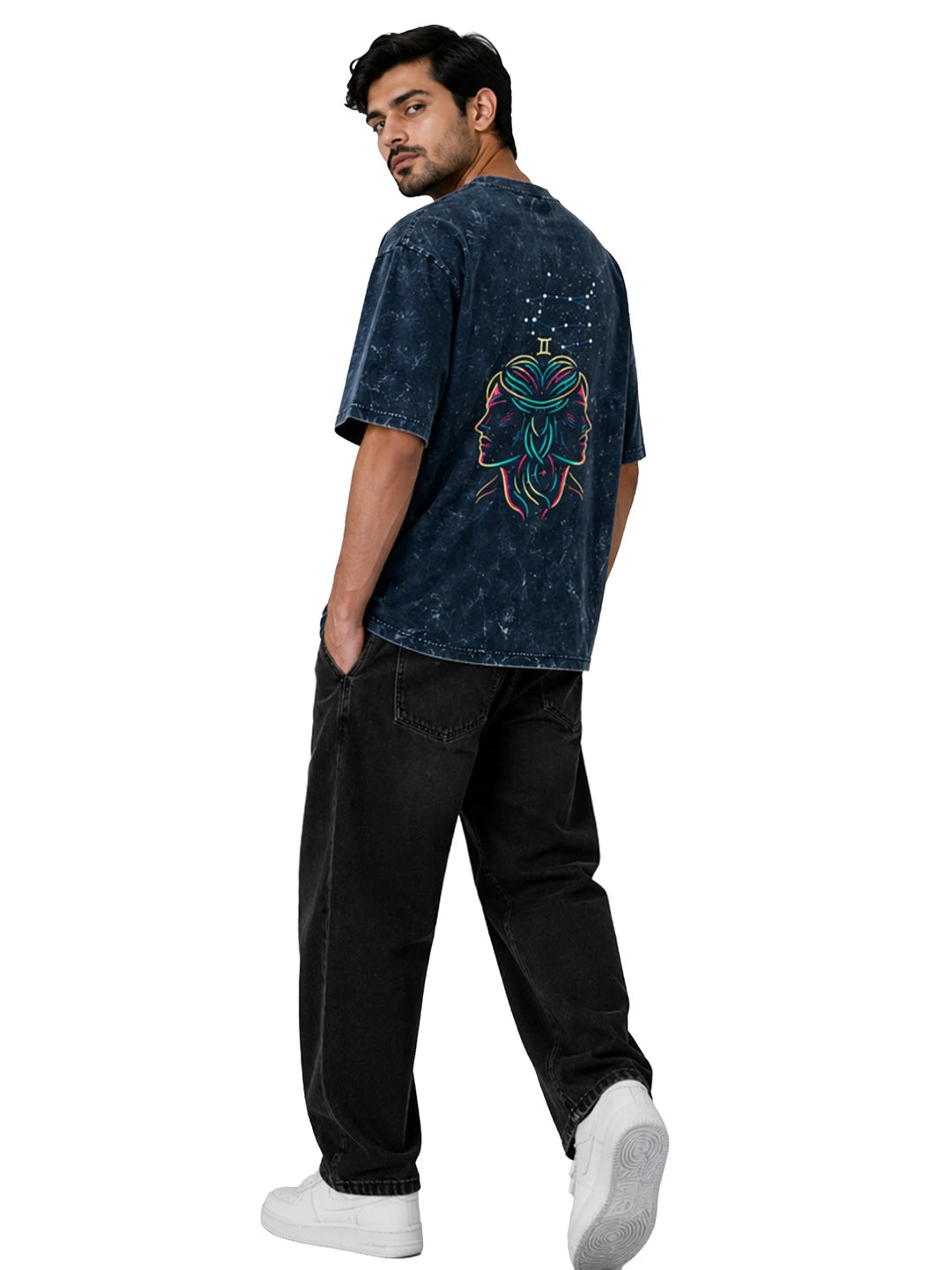 Arya Navy Blue Oversized Zodiac Gemini Print Half Sleeve Cotton T-Shirt