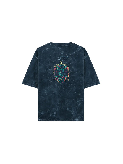 Arya Navy Blue Oversized Zodiac Gemini Print Half Sleeve Cotton T-Shirt