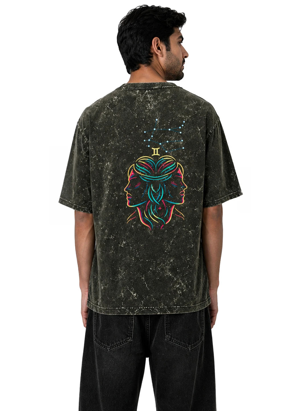 Arya Olive Green Oversized Zodiac Gemini Print Half Sleeve Cotton T-Shirt
