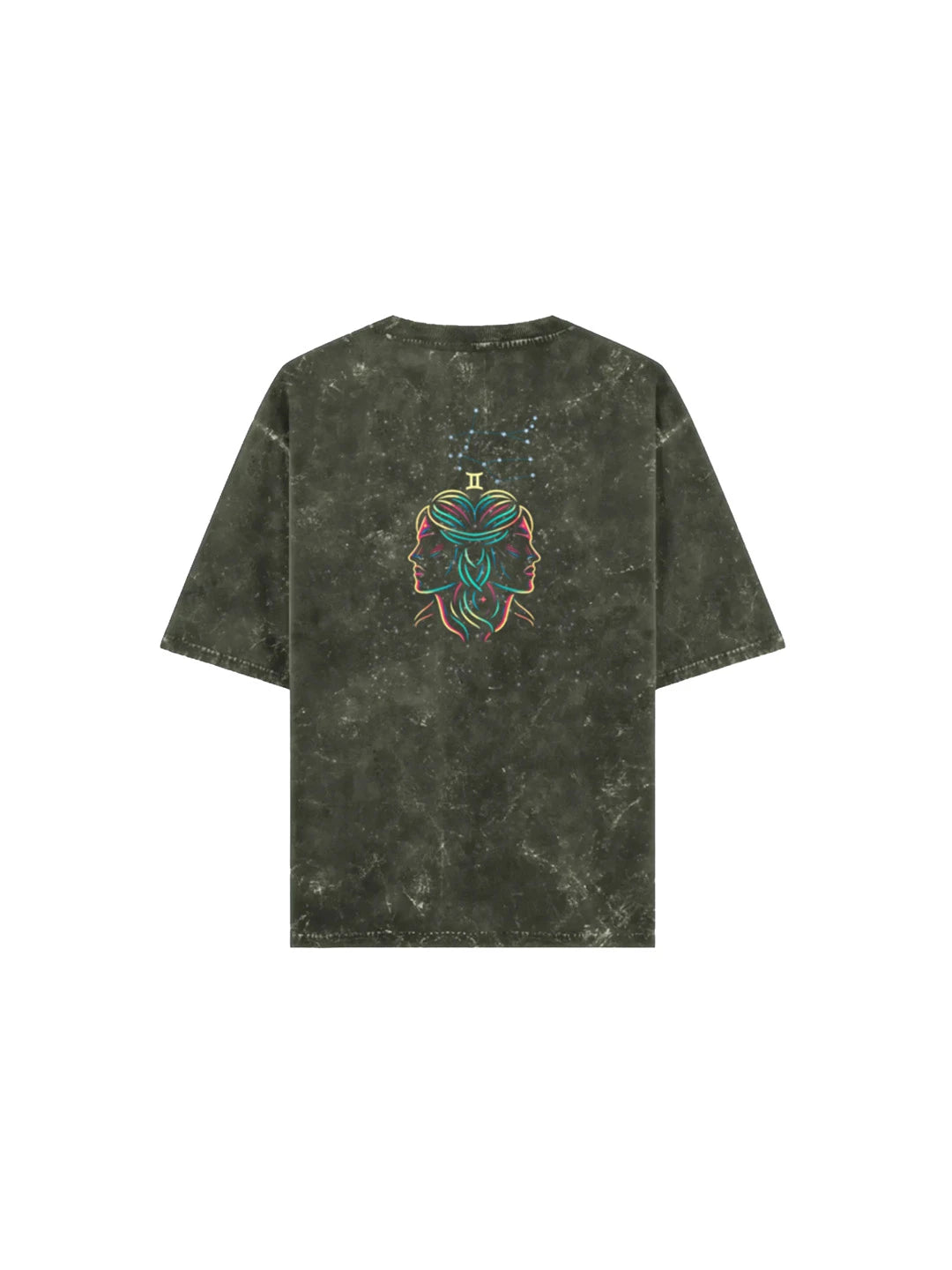 Arya Olive Green Oversized Zodiac Gemini Print Half Sleeve Cotton T-Shirt