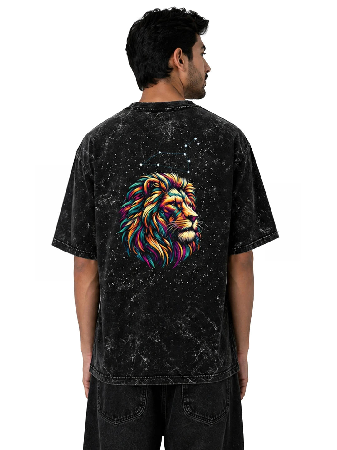 Arya Black Oversized Zodiac Leo Print Half Sleeve Cotton T-Shirt