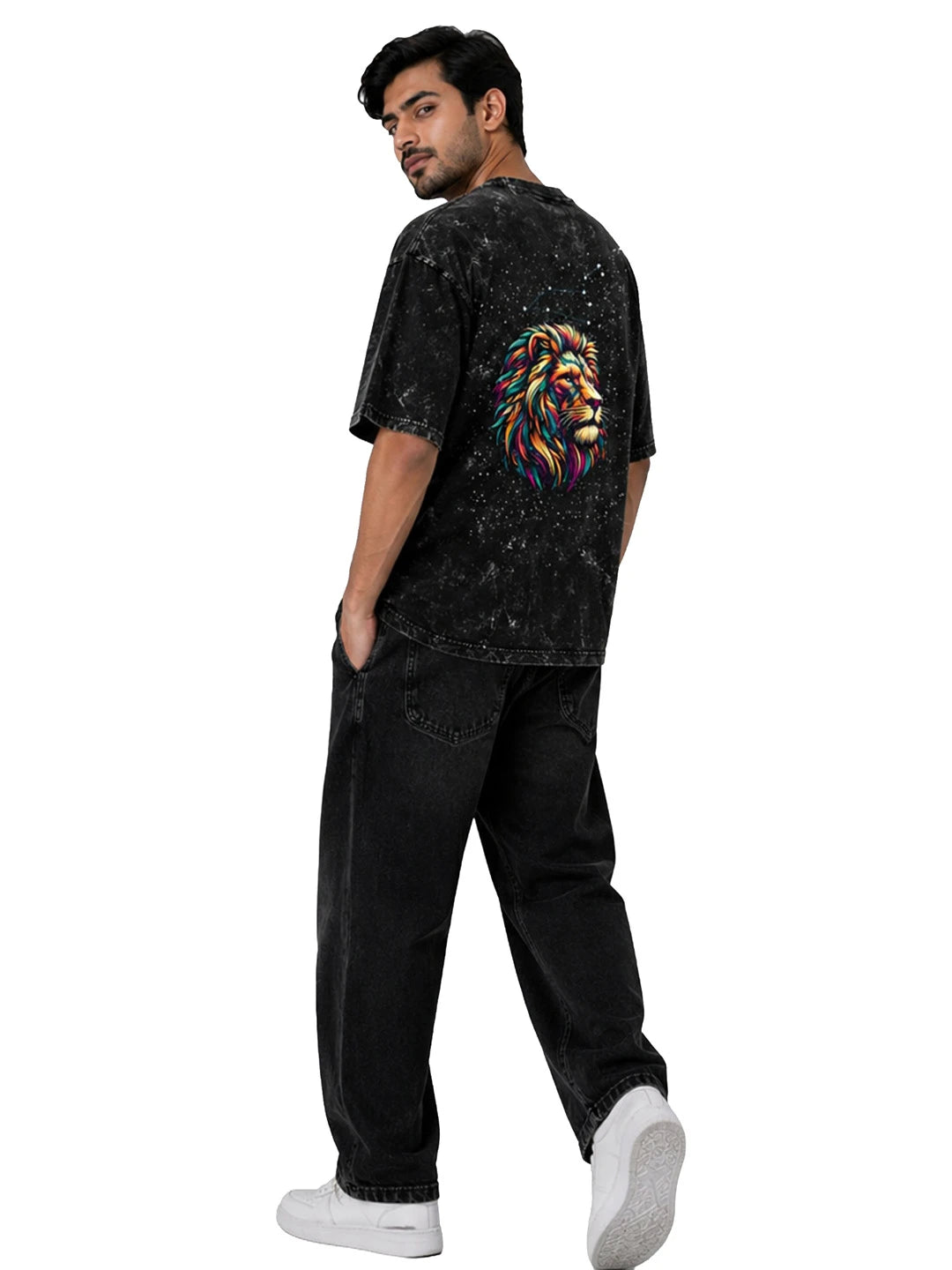Arya Black Oversized Zodiac Leo Print Half Sleeve Cotton T-Shirt