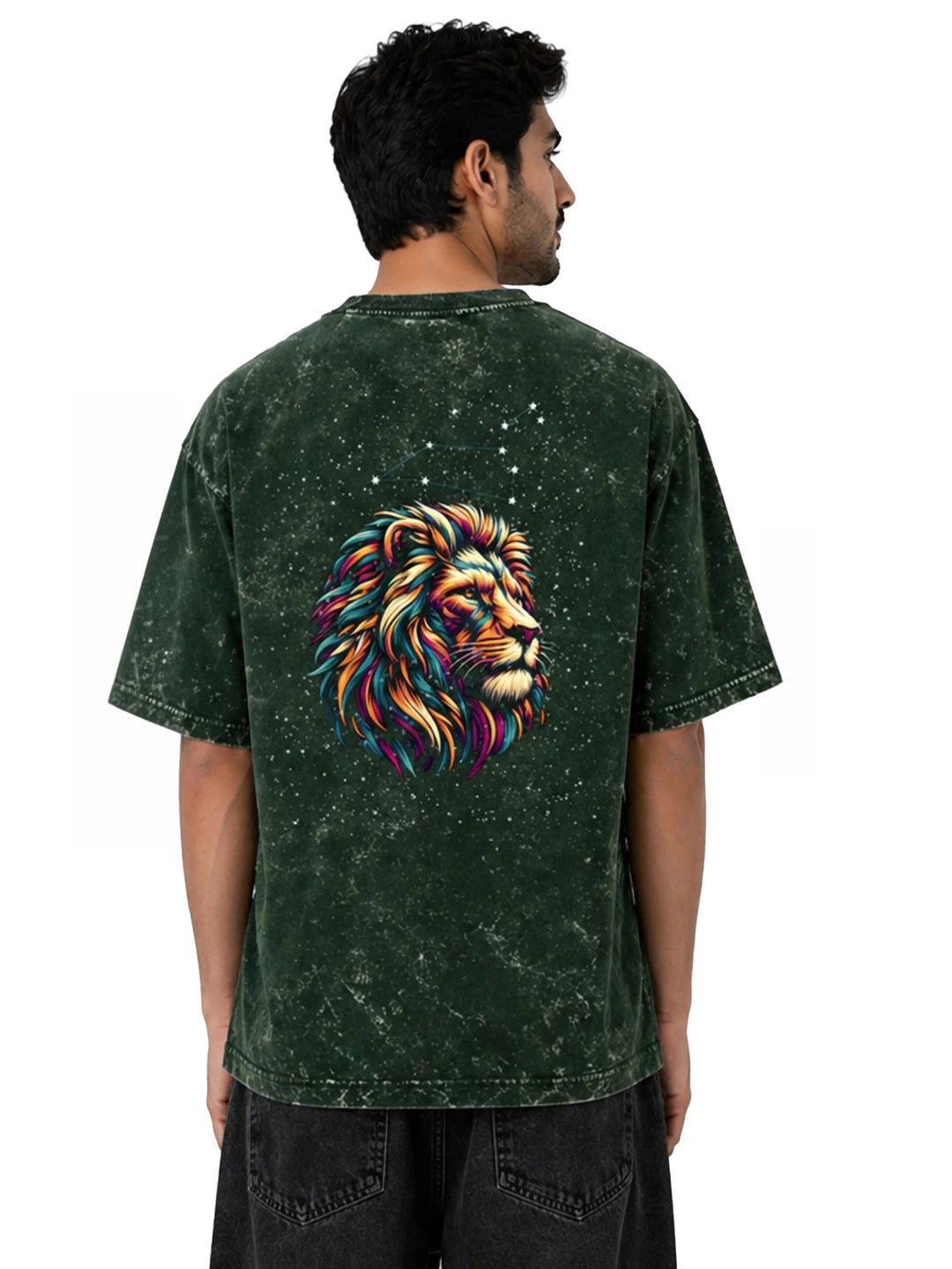 Arya Bottle Green Oversized Zodiac Leo Print Half Sleeve Cotton T-Shirt