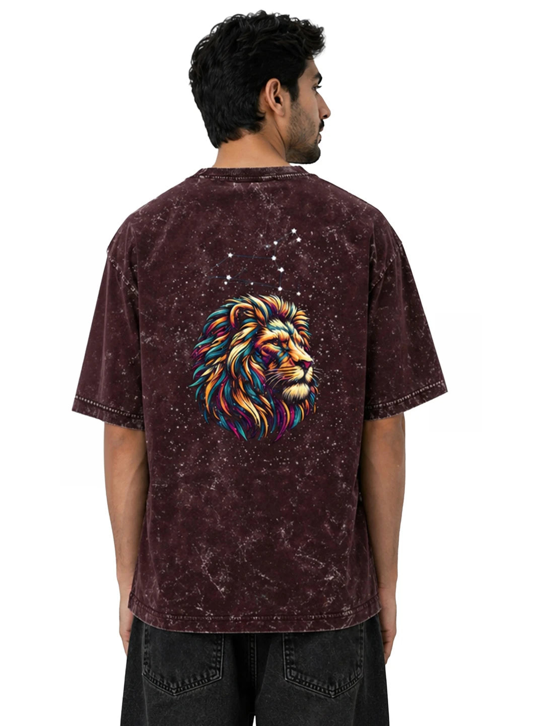 Arya Maroon Oversized Zodiac Leo Print Half Sleeve Cotton T-Shirt