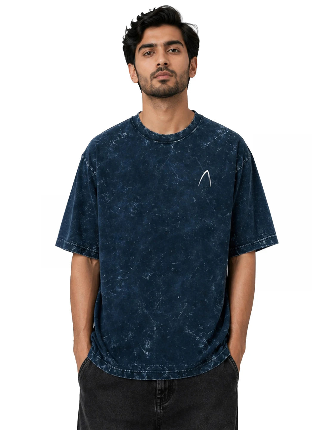 Arya Navy Blue Oversized Zodiac Leo Print Half Sleeve Cotton T-Shirt