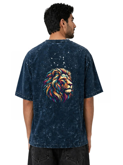 Arya Navy Blue Oversized Zodiac Leo Print Half Sleeve Cotton T-Shirt