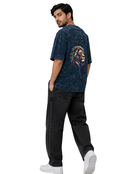 Arya Navy Blue Oversized Zodiac Leo Print Half Sleeve Cotton T-Shirt