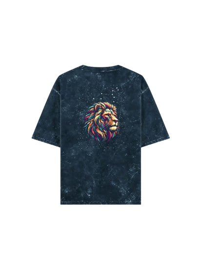 Arya Navy Blue Oversized Zodiac Leo Print Half Sleeve Cotton T-Shirt