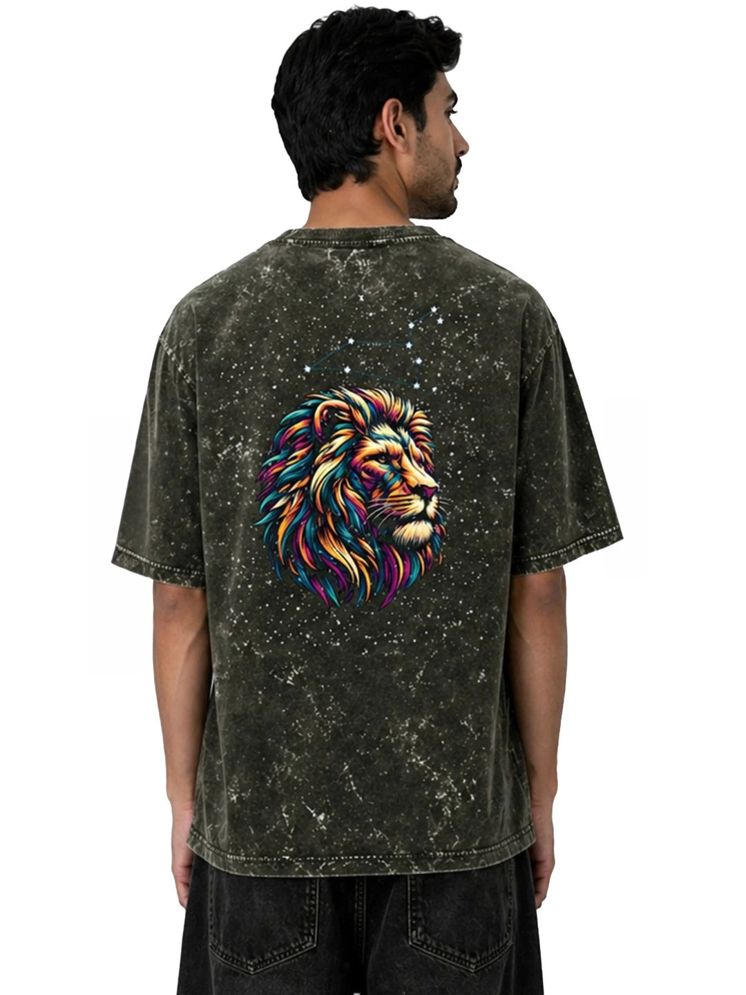 Arya Olive Green Oversized Zodiac Leo Print Half Sleeve Cotton T-Shirt