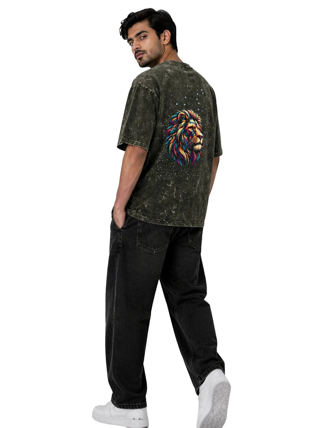 Arya Olive Green Oversized Zodiac Leo Print Half Sleeve Cotton T-Shirt