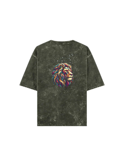 Arya Olive Green Oversized Zodiac Leo Print Half Sleeve Cotton T-Shirt