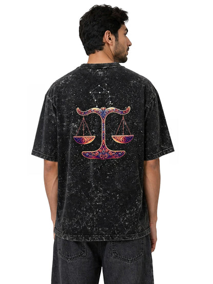 Arya Black Oversized Zodiac Libra Print Half Sleeve Cotton T-Shirt