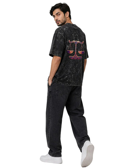 Arya Black Oversized Zodiac Libra Print Half Sleeve Cotton T-Shirt