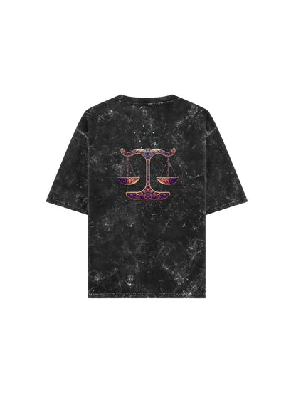 Arya Black Oversized Zodiac Libra Print Half Sleeve Cotton T-Shirt