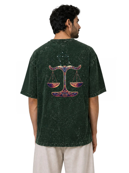 Arya Bottle Green Oversized Zodiac Libra Print Half Sleeve Cotton T-Shirt