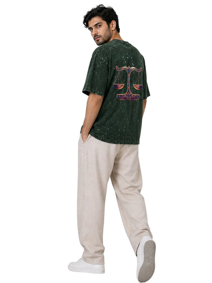 Arya Bottle Green Oversized Zodiac Libra Print Half Sleeve Cotton T-Shirt