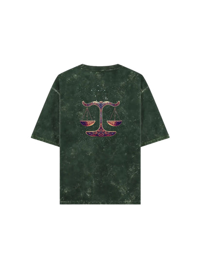 Arya Bottle Green Oversized Zodiac Libra Print Half Sleeve Cotton T-Shirt