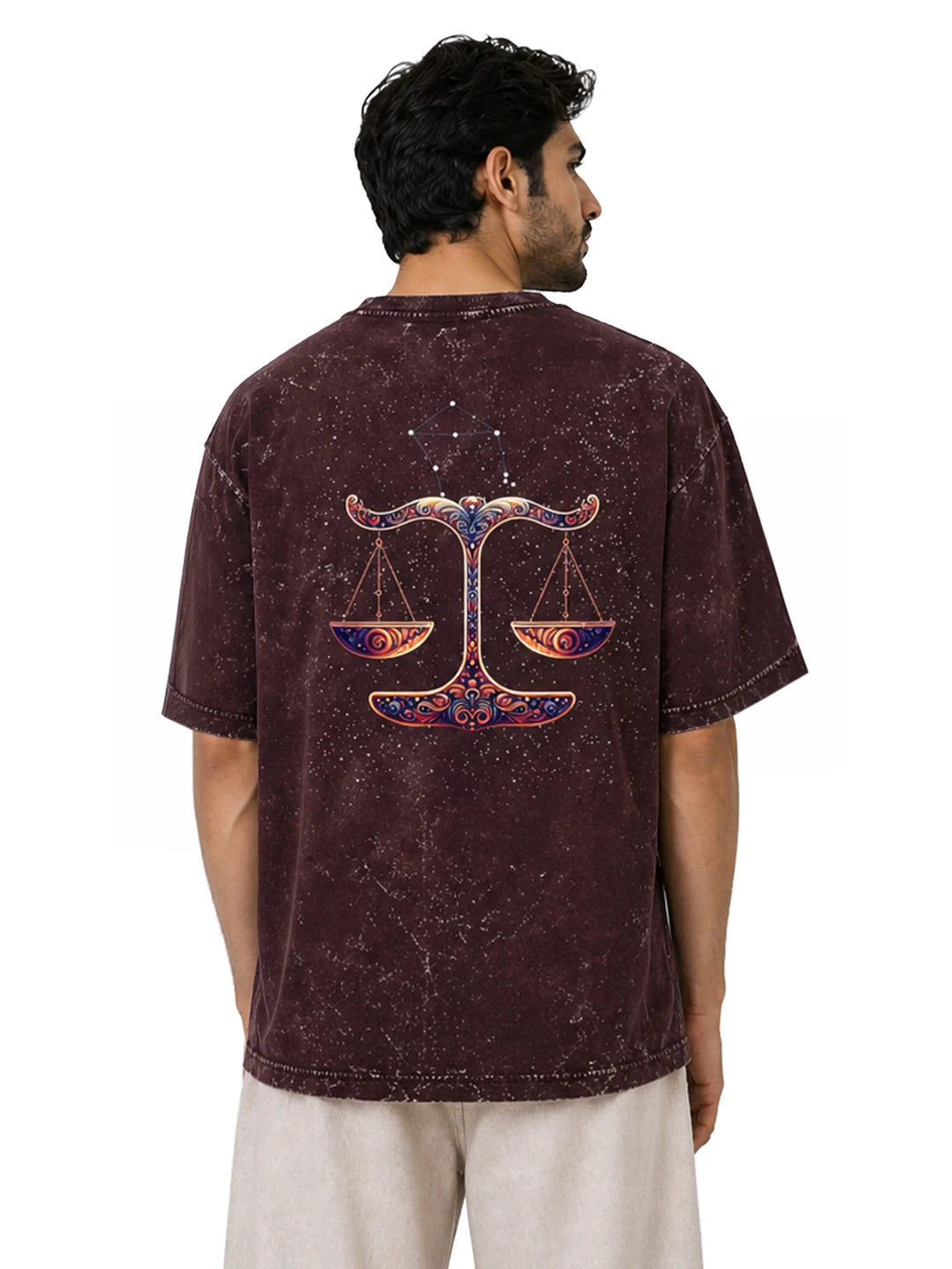 Arya Maroon Oversized Zodiac Libra Print Half Sleeve Cotton T-Shirt