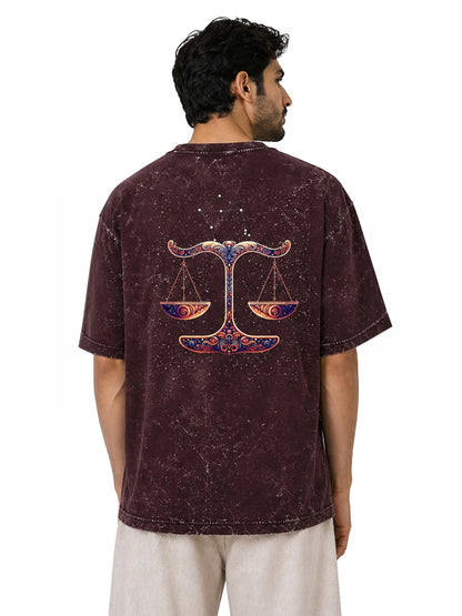 Arya Maroon Oversized Zodiac Libra Print Half Sleeve Cotton T-Shirt