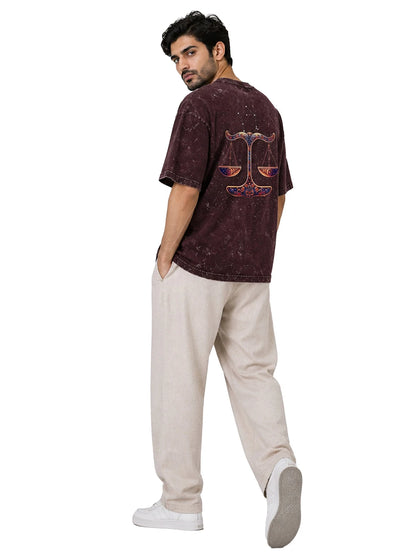 Arya Maroon Oversized Zodiac Libra Print Half Sleeve Cotton T-Shirt