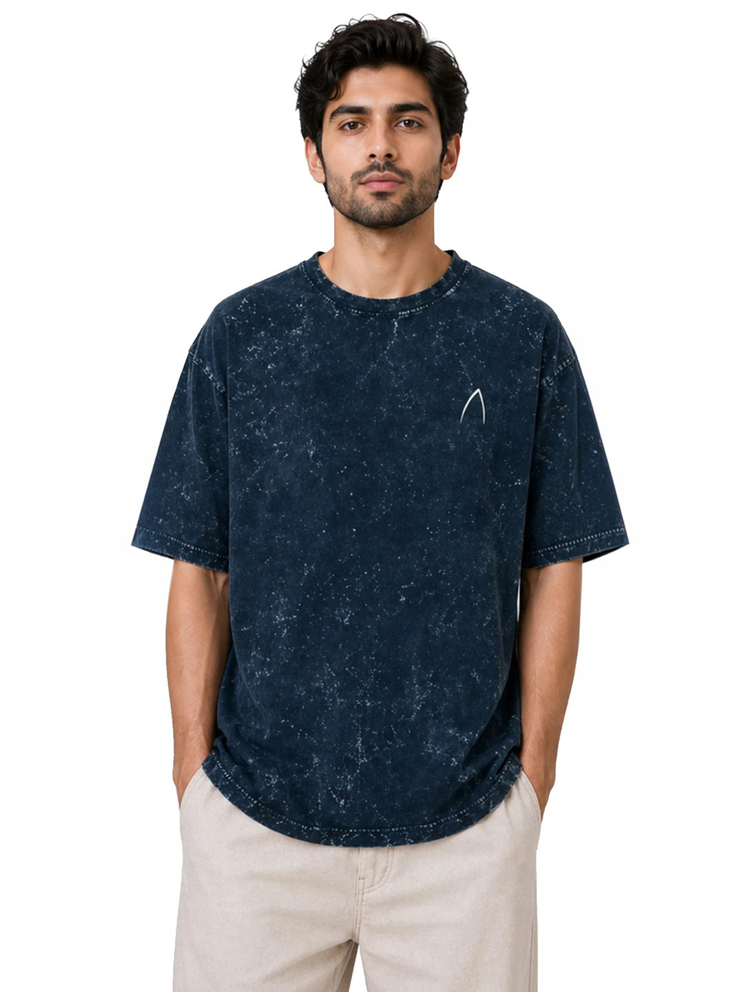 Arya Navy Blue Oversized Zodiac Libra Print Half Sleeve Cotton T-Shirt