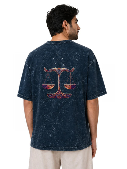 Arya Navy Blue Oversized Zodiac Libra Print Half Sleeve Cotton T-Shirt