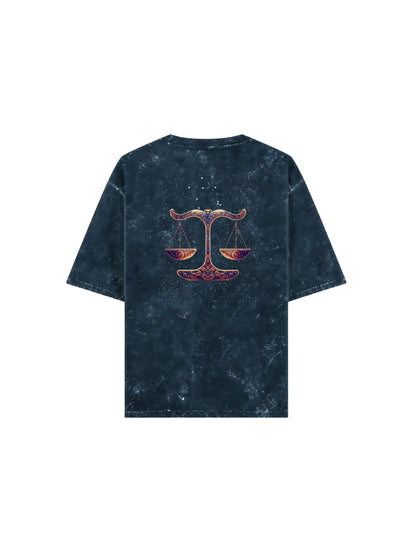 Arya Navy Blue Oversized Zodiac Libra Print Half Sleeve Cotton T-Shirt