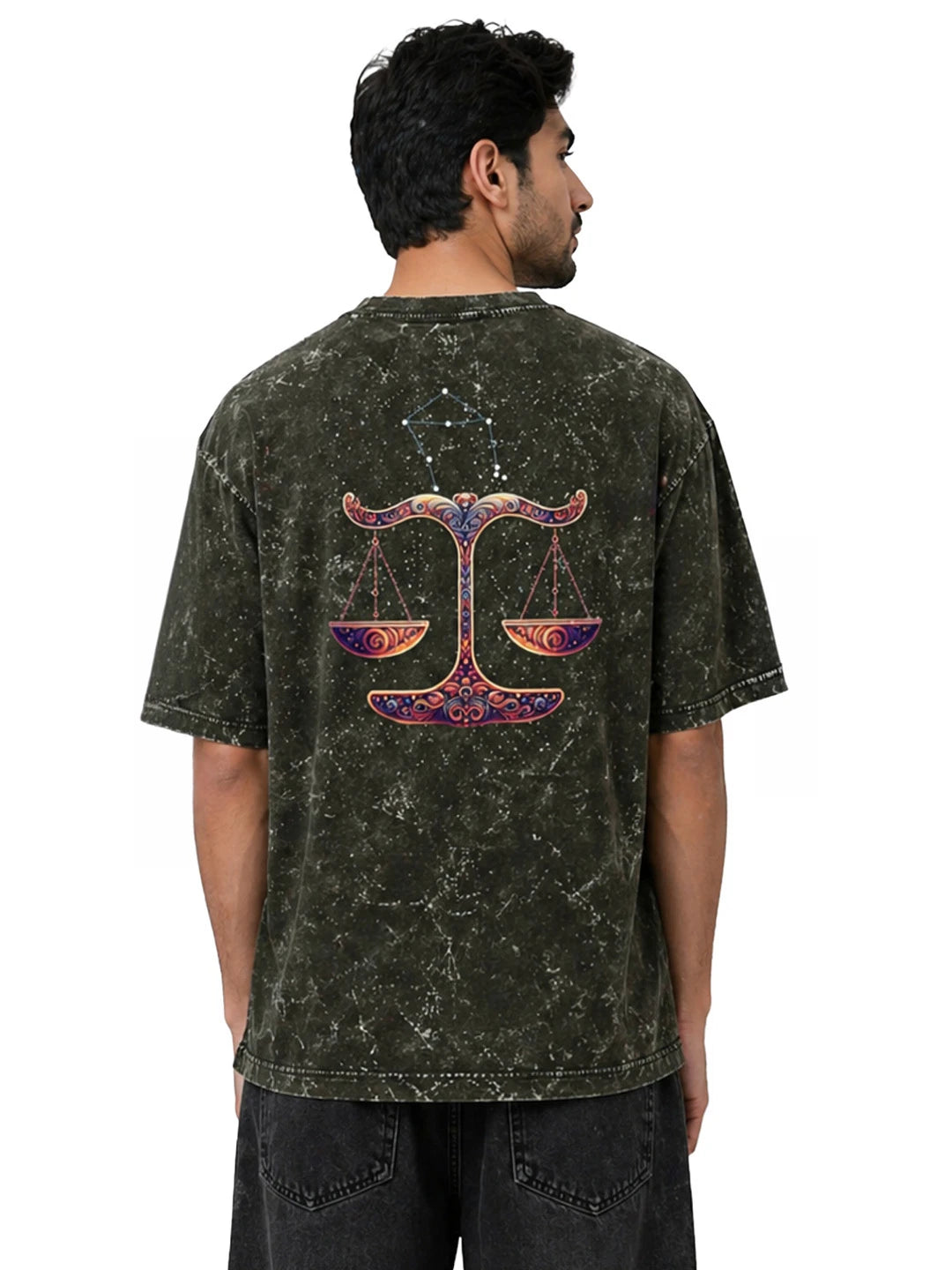 Arya Olive Green Oversized Zodiac Libra Print Half Sleeve Cotton T-Shirt