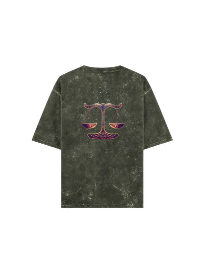 Arya Olive Green Oversized Zodiac Libra Print Half Sleeve Cotton T-Shirt
