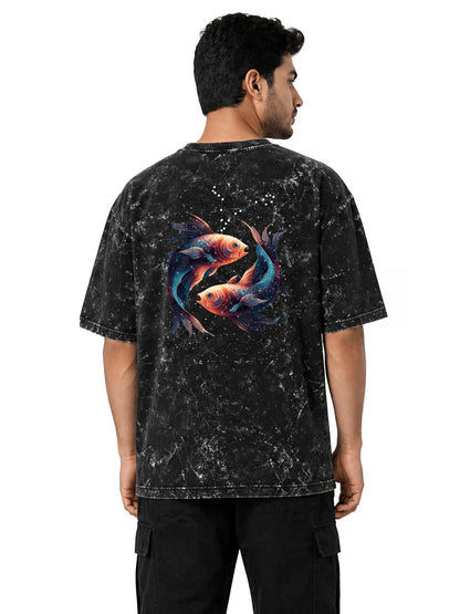 Arya Black Oversized Zodiac Pisces Print Half Sleeve Cotton T-Shirt