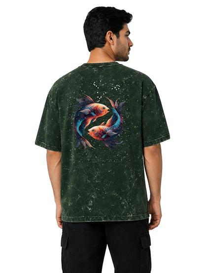 Arya Bottle Green Oversized Zodiac Pisces Print Half Sleeve Cotton T-Shirt