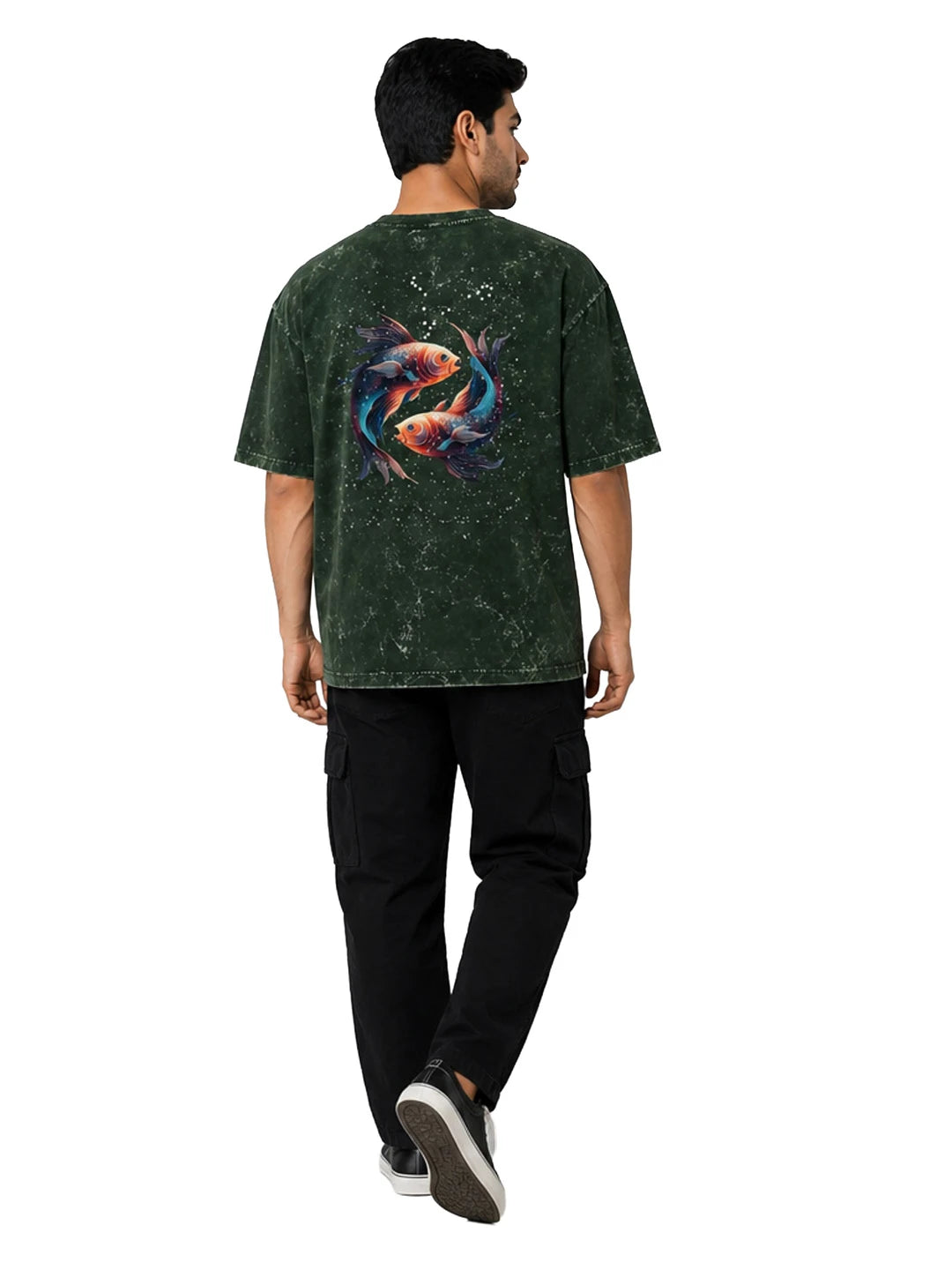 Arya Bottle Green Oversized Zodiac Pisces Print Half Sleeve Cotton T-Shirt